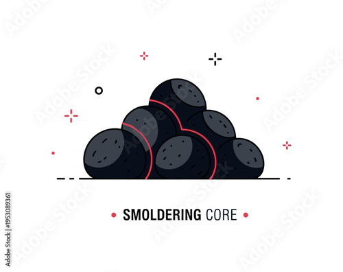 Cinder industrial charcoal concept featuring a small cluster of dark rounded coal shapes with subtle red glow lines between them. A subtle ?Smoldering Core?