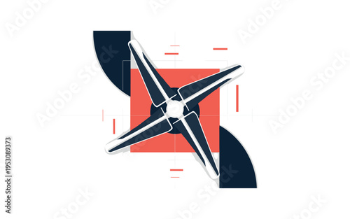 A monochrome aerial perspective of three turbine blades forming a triangular pattern, overlaid with geometric arcs and flat color blocks for balance, minimal