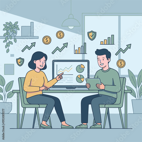 Two colleagues discussing finance charts and graphs at office desk with laptop