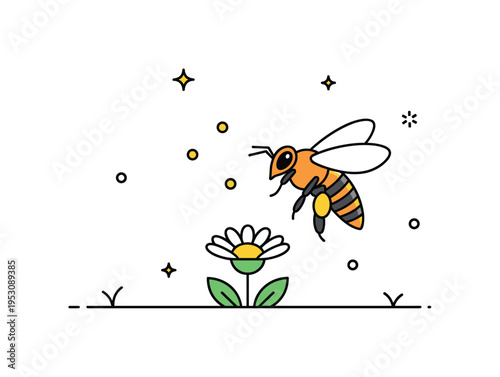 Bees in close up featuring a single detailed honeybee hovering above a simple flower with tiny pollen particles floating around, capturing the importance of