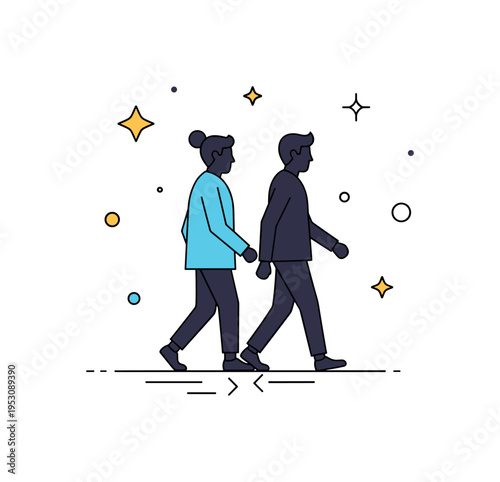 Everyday companionship two silhouettes walking side by side with subtle synchronized step lines beneath them. A compact editorial illustration about routine
