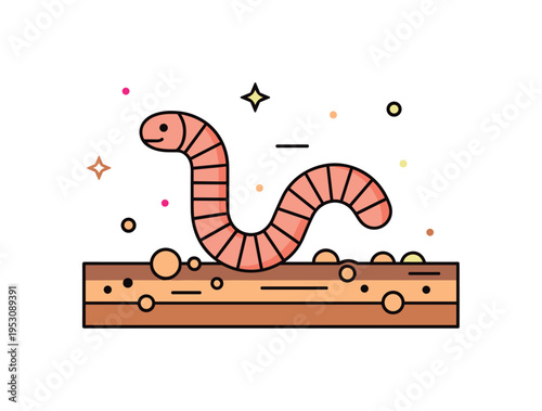 Earthworm illustrated as a curved segmented worm emerging gently from stylized soil layers, expressing natural soil health and underground life. The