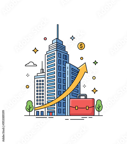 Downtown business district tall simplified skyscraper paired with a briefcase icon and upward arrow accent. A concise editorial illustration about ambition,