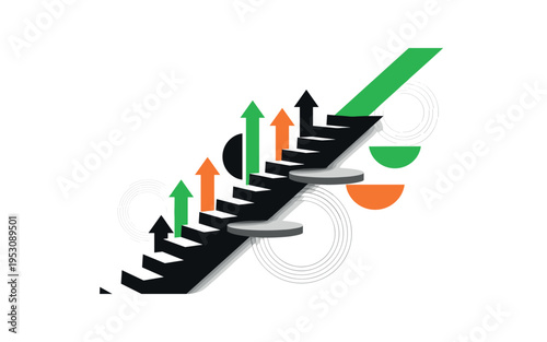 Black and white staircase transforming into ascending arrows and geometric platforms, symbolizing financial progress, bold green and orange flat shapes