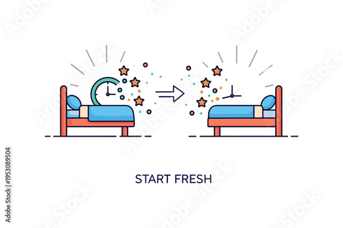 Peaceful bedtime to morning transition scene highlighting a bedside clock with small star icons fading into subtle sunrise rays. A concise ?Start Fresh? phrase