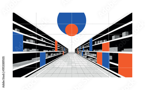 Black and white perspective view of a long grocery aisle with shelves on both sides, oversized abstract circle at the vanishing point like a focal spotlight,
