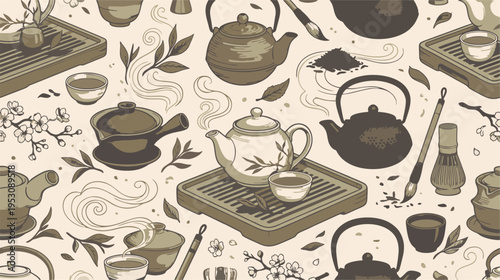 The p1.eps image showcases a serene tea ceremony scene with various teapots, cups, and utensils on wooden boards, surrounded by leaves and flowers.