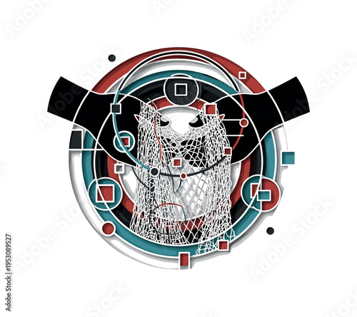 Monochrome close-up of hands holding a fishing net, intersected by abstract circular halos symbolizing balance, structured geometric blocks reinforcing