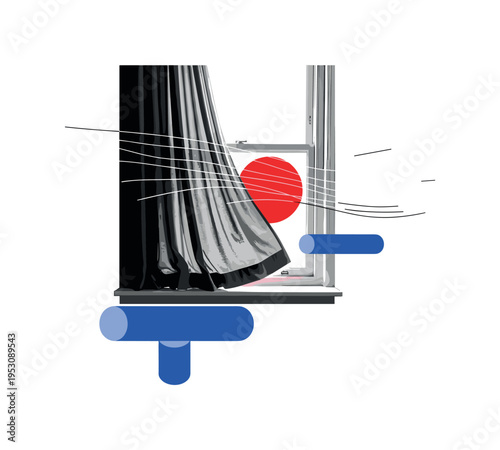 Black and white vintage curtain slightly blowing inward over a window sill, bold red circle partially visible outside, thin linear elements indicating wind