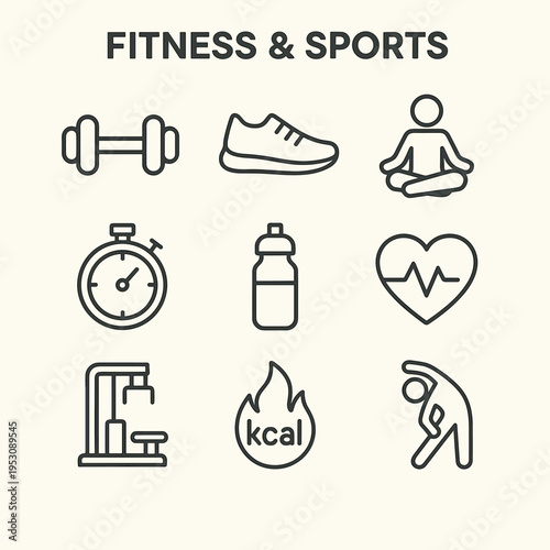 Collection of fitness and sports icons including dumbbell, running shoe, yoga pose, stopwatch, water bottle, heart rate, gym machine, and calories