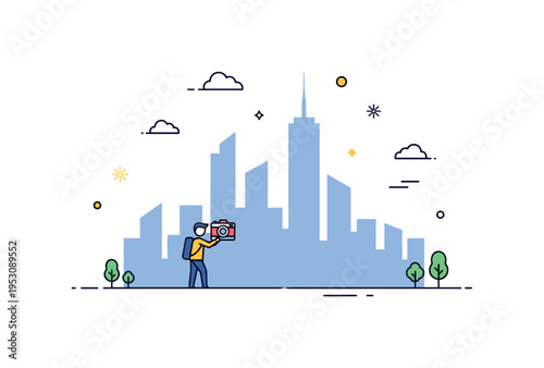 Urban exploration adventure illustrated by a simple skyline silhouette with a tiny figure holding a camera icon at the foreground. A modern editorial concept
