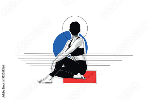 Black and white person in seated twist yoga pose, cobalt blue circle slightly offset behind the torso, red geometric block anchoring the base, thin horizontal