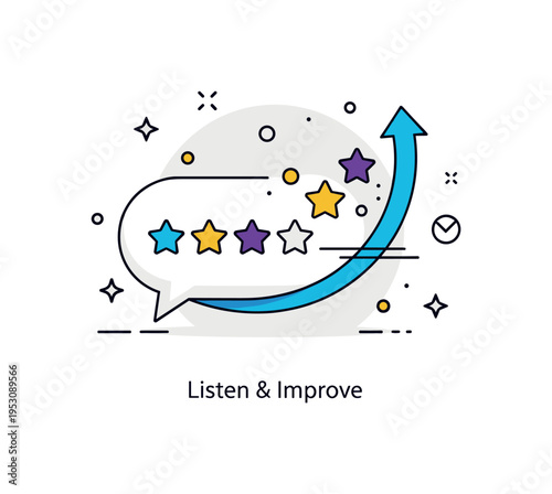 Customer feedback and business improvement concept illustrated through a speech bubble with star rating icons transforming into an upward growth arrow. A