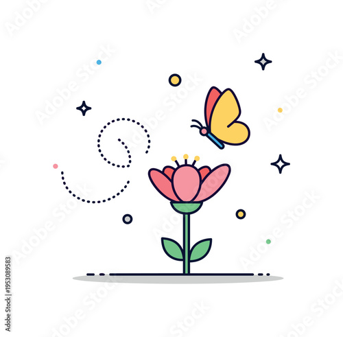 Butterfly visiting garden flower depicted by a small winged shape hovering above an open blossom with tiny dotted trail, symbolizing pollination and ecosystem