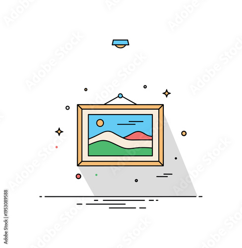 Art gallery experience framed painting centered on a clean wall with a subtle spotlight shining above. A calm and sophisticated concept badge about observing