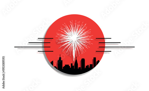 Close-up monochrome fireworks burst above a simplified skyline, framed by a bold red circle and thin horizontal lines, intense flash of light at explosion