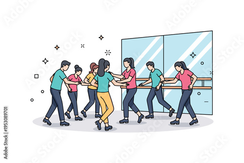 A small group of dancers practicing tap steps together in a studio with mirrored walls, emphasizing collaboration, learning, and rhythm training. Minimalist