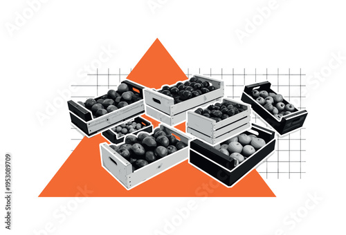 Black and white fruit and vegetable crates arranged dynamically, oversized orange triangle beneath forming compositional base, thin grid lines referencing