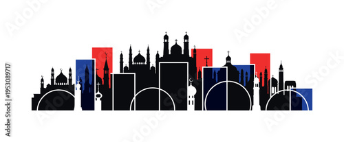 Black and white silhouettes of grandparent and child walking hand in hand, bold muted blue semicircle framing upper half like shared horizon, thin red diagonal