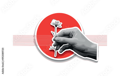 A black and white hand gently picking a single wildflower from a field, layered with a bold red circular frame behind the hand and thin horizontal lines