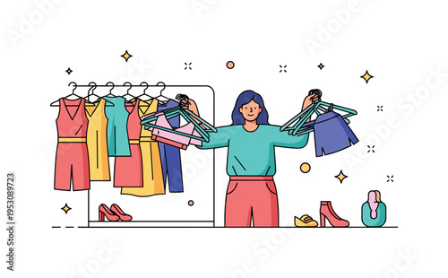Boutique scene with a person holding multiple hangers, browsing racks and comparing outfits, illustrating fun, choice, and fashion exploration. Minimalist flat