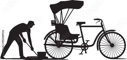 Man sweeping beside rickshaw broom cleaning