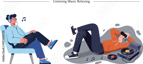 Listening Music Relaxing Flat Vector Headphones Vinyl Record Audio Illustration