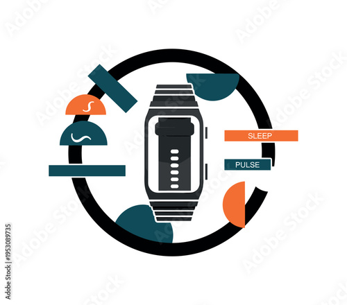 A monochrome smartwatch-style fitness tracker centered in composition, strap simplified into geometric bands, floating semicircles and rectangles around it