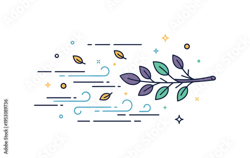 Leafy branch silhouette with motion depicted by small falling leaves and rhythmic airflow lines crossing the composition. A balanced editorial concept about