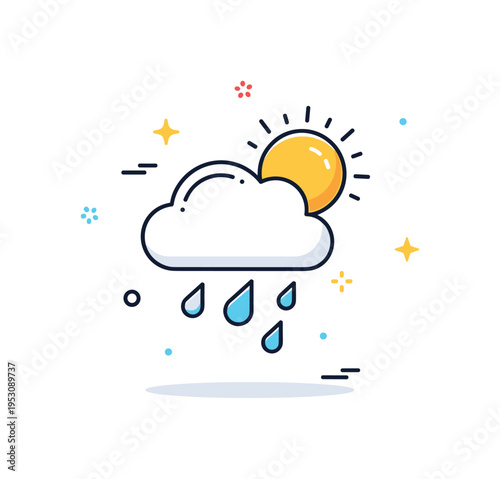 Rain cloud weather symbol depicted by a rounded cloud with simple falling raindrops beneath, expressing precipitation in a friendly and approachable visual