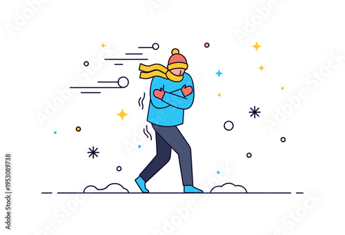 Person shivering with arms wrapped tightly around themselves while walking in a windy snowstorm, illustrating the harsh effects of cold and winter chill.