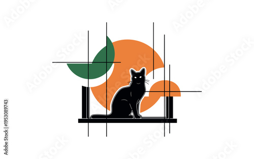 A monochrome cat silhouette sitting on a window sill, framed by large circular halo and intersecting semicircles representing calm daylight, thin vertical and