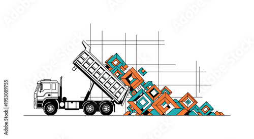 Black and white dump truck unloading material, abstract angular blocks cascading downward like structured fragments, bold orange and teal flat shapes