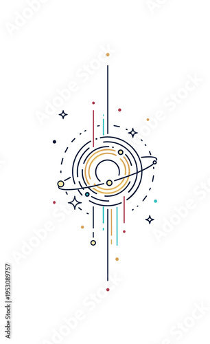 Distant quasar in deep space depicted by a glowing circular center with elongated light jets extending vertically, framed by subtle orbit lines and tiny star