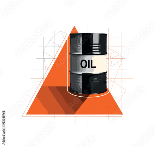 Black and white oil barrel enlarged and partially cropped, oversized orange triangle beneath forming structural base, thin grid lines symbolizing global trade