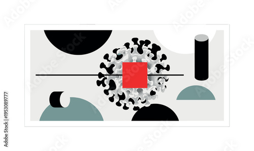Black and white abstract virus-like structure duplicated slightly offset to create layered depth, bright red square intersecting midsection, abstract