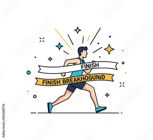 Finish line breakthrough illustration featuring a runner bursting through a thin tape ribbon with small star accents, expressing triumph and breakthrough