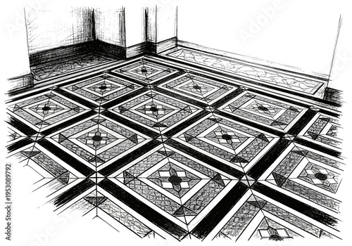 Intricate geometric patterned floor tiles in a black and white sketch perspective