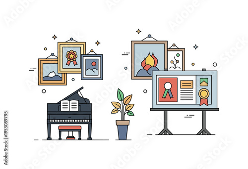 An art exhibition with framed works, a piano, and a design portfolio on display, highlighting public recognition, achievement, and creative excellence.