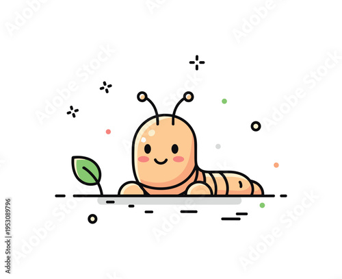 Cute cartoon style worm peeking from the ground with a friendly expression and tiny leaf nearby, conveying playfulness and child friendly nature themes. The