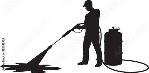 Man using pressure washer on oil spill cleaning silhouette