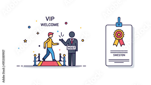 VIP guest welcome scene centered on a figure walking along a small carpet path toward a host silhouette, with tiny sparkle accents suggesting importance and