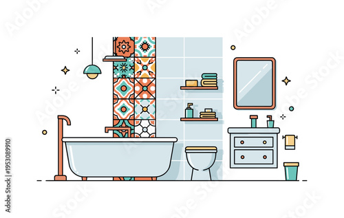 Bathroom accent wall redesign centered on a vertical strip of patterned tiles contrasting with a plain tiled surface. The composition expresses creative