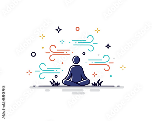 Park mindfulness scene featuring a seated figure silhouette on grass with curved wind lines gently surrounding them, expressing presence and sensory awareness.