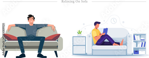 Relaxing On Sofa Flat Vector Home Decompression Quiet Leisure Illustration