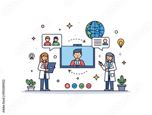 Research collaboration across institutions with scientists video conferencing to discuss findings, emphasizing teamwork, innovation, and global knowledge