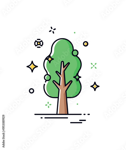 Green future reforestation badge featuring a strong upright tree silhouette with small sparkle accents suggesting healthy growth, expressing optimism and
