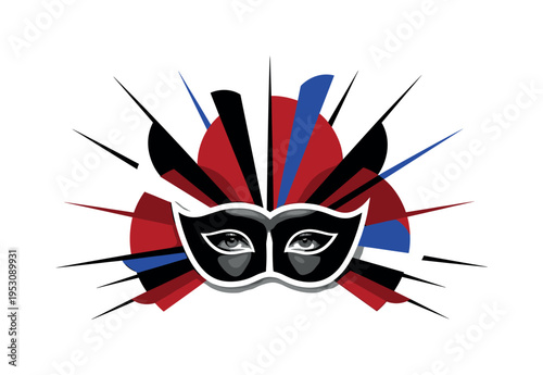 Black and white retro-style masquerade mask centered in composition, elegant human eyes visible through the mask, bold geometric semicircles and sharp linear