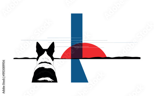 Black and white dog seen from behind looking toward distant abstract shapes, bold red semicircle placed at horizon line, deep blue vertical stripe dividing