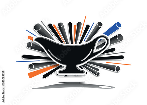 A monochrome gravy boat with exaggerated shadow beneath, bold semicircles radiating outward, abstract cylinders and thin diagonal lines framing the